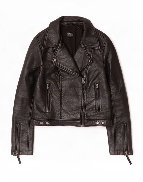 Topshop Damen Leder Bikerjacke UK 12 Medium Schwarz