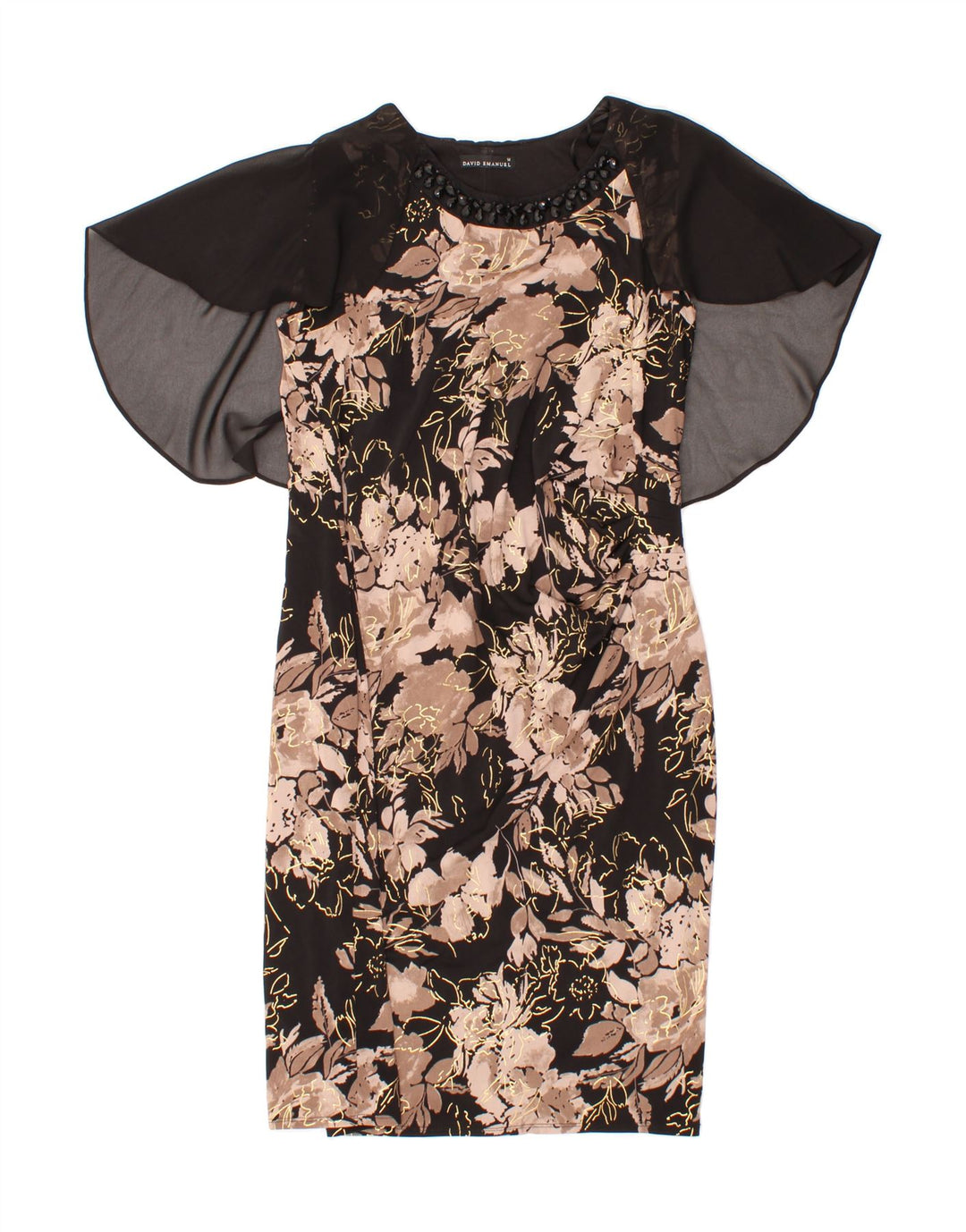 DAVID EMANUEL Womens Sheath Dress UK 14 Medium Black Floral Polyester Vintage David Emanuel and Second-Hand David Emanuel from Messina Hembry 
