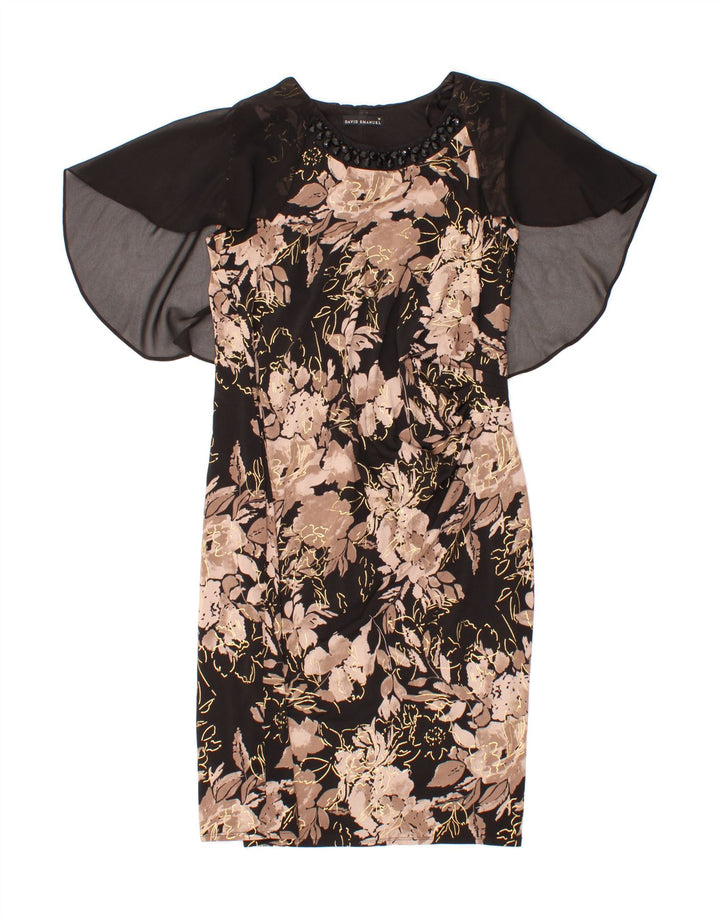 DAVID EMANUEL Womens Sheath Dress UK 14 Medium Black Floral Polyester Vintage David Emanuel and Second-Hand David Emanuel from Messina Hembry 
