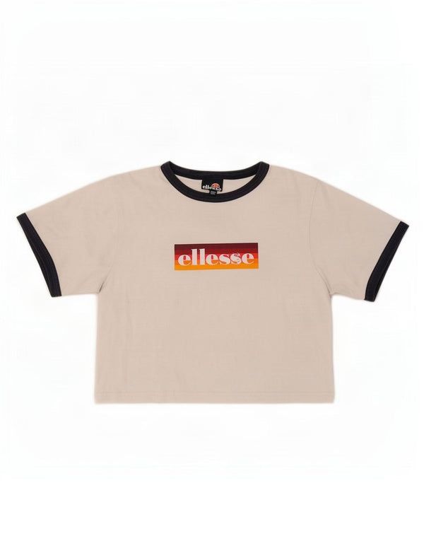 Ellesse Damen Crop Graphic T-Shirt Top UK 6 XS Weiß Farbblock