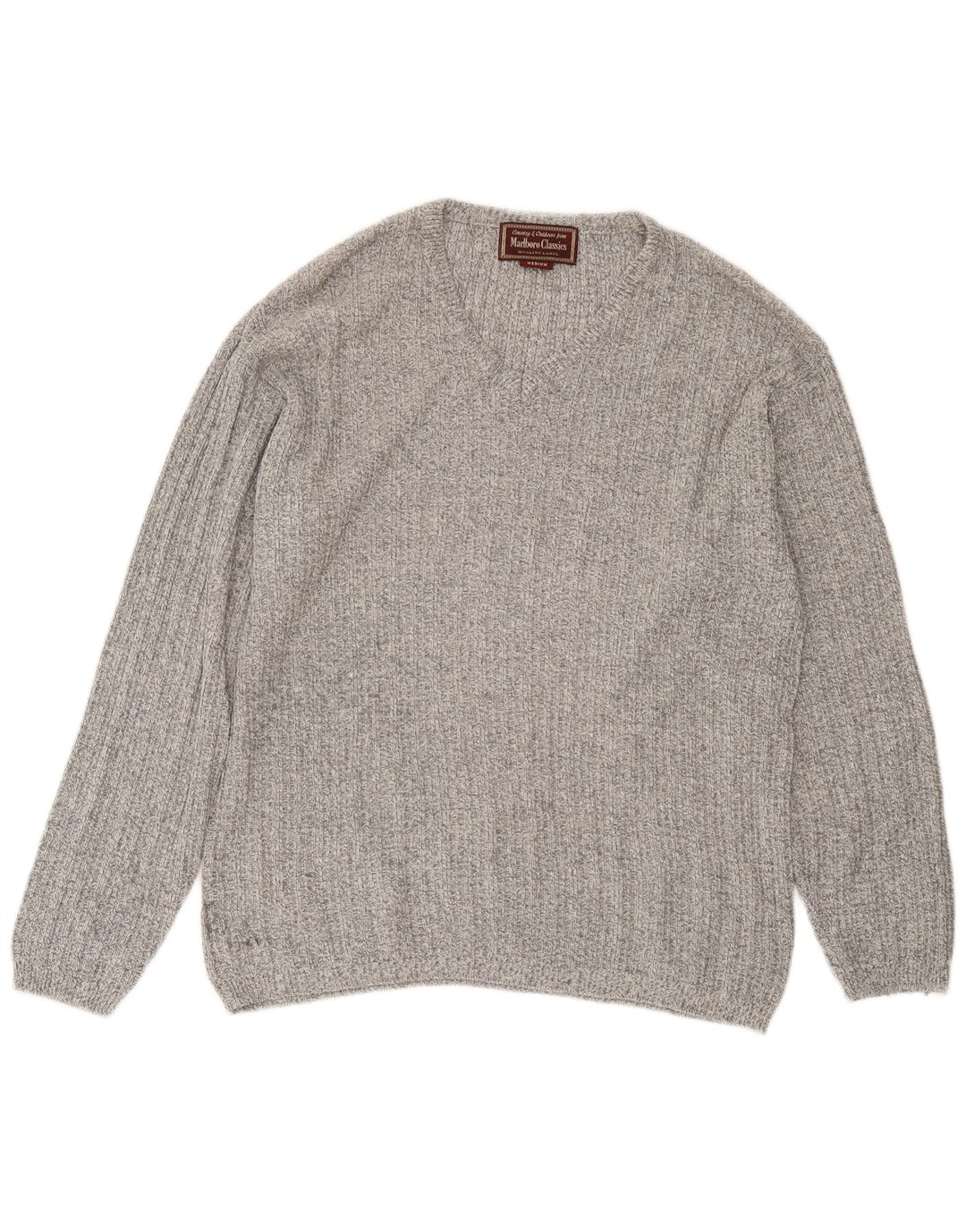 Marlboro Classics Herren-Pullover mit V-Ausschnitt aus mittelgrau gesprenkelter Baumwolle