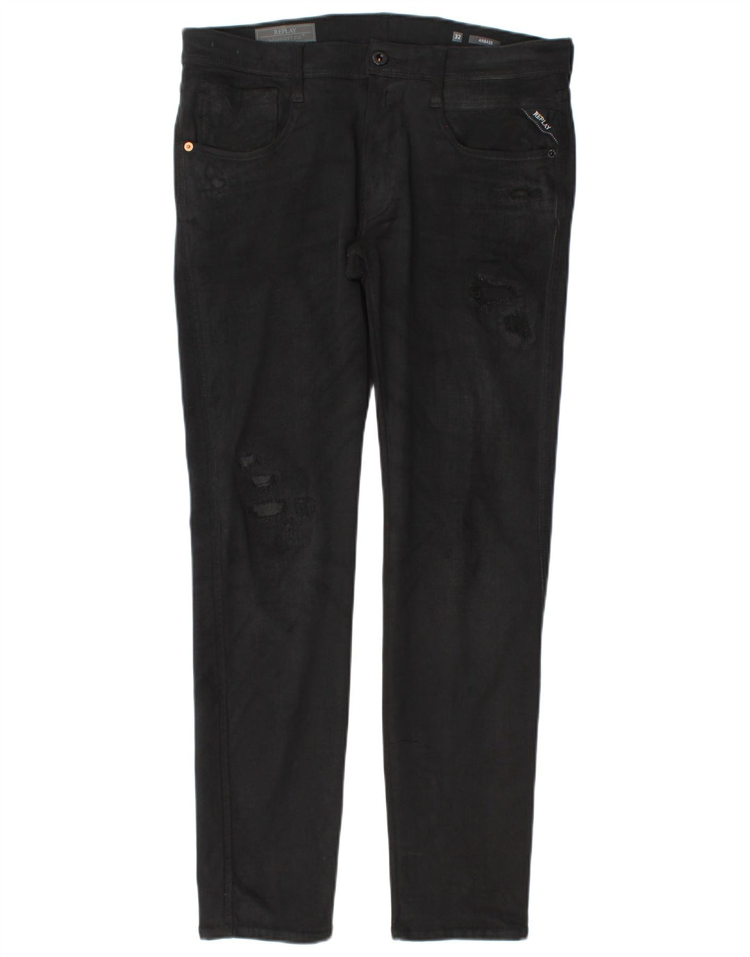 Replay Damen Anbass Distressed Slim Jeans W32 L30 Schwarz Baumwolle