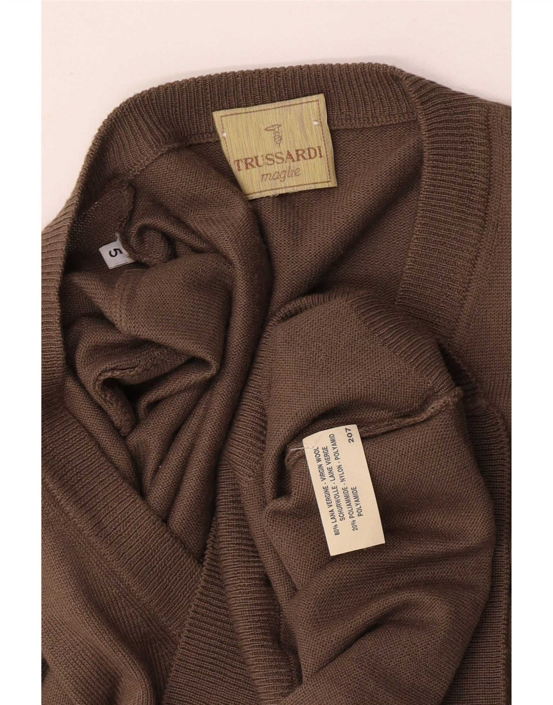 Trussardi Herren-Pullover mit V-Ausschnitt, groß, braune Schurwolle