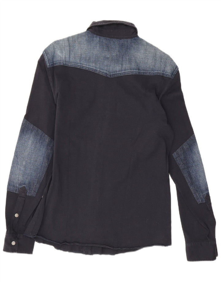 Gas Herren-Grafik-Hemd aus mittelblauer, marineblauer Colourblock-Baumwolle