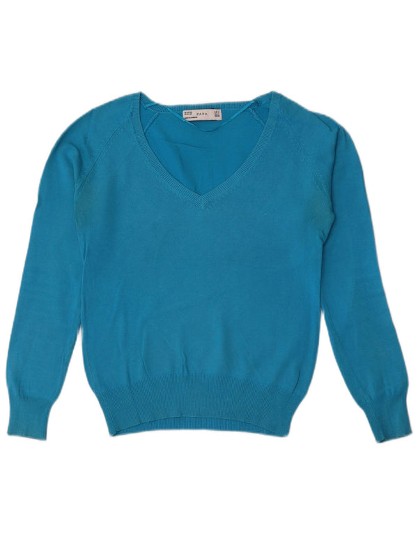 Zara Damen Crop V-Ausschnitt Pullover Pullover UK 10 Small Blau Baumwolle