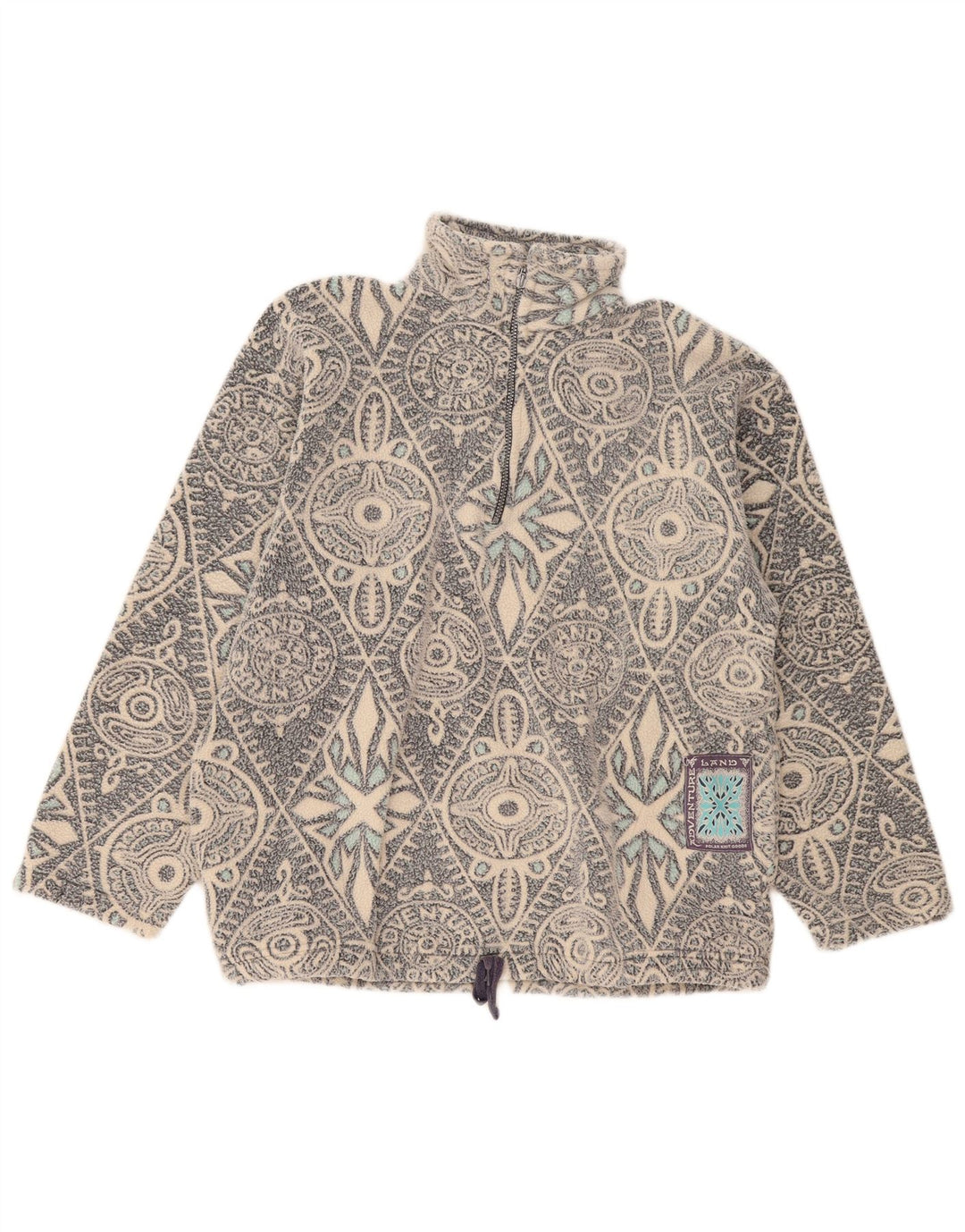 Vintage Herren-Fleecepullover mit Reißverschluss am Hals, großes graues geometrisches Polyester