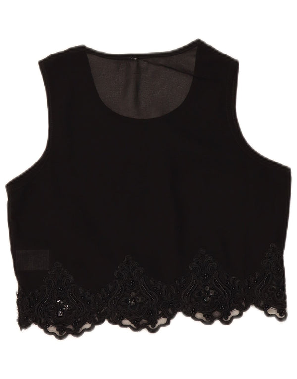 Vintage Damen Crop See Through Bluse Top UK 10 Small Black Paisley