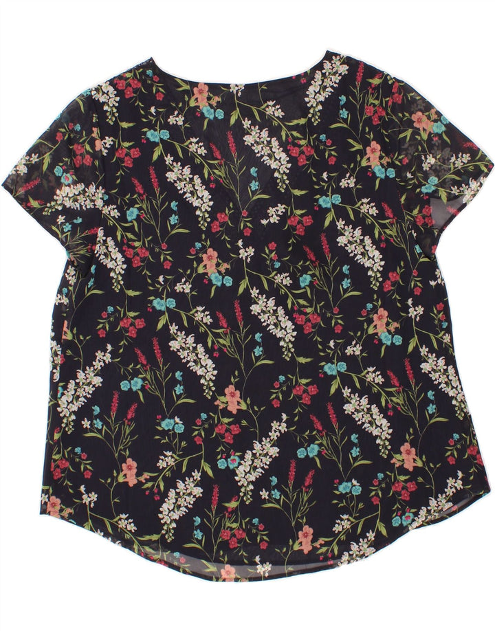 MONSOON Womens Graphic Blouse Top UK 14 Large Black Floral Polyester Vintage Monsoon and Second-Hand Monsoon from Messina Hembry 