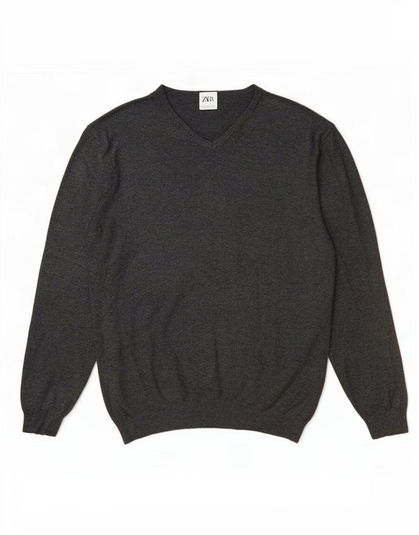 Zara Herren-Pullover mit V-Ausschnitt, 2XL, graue Viskose