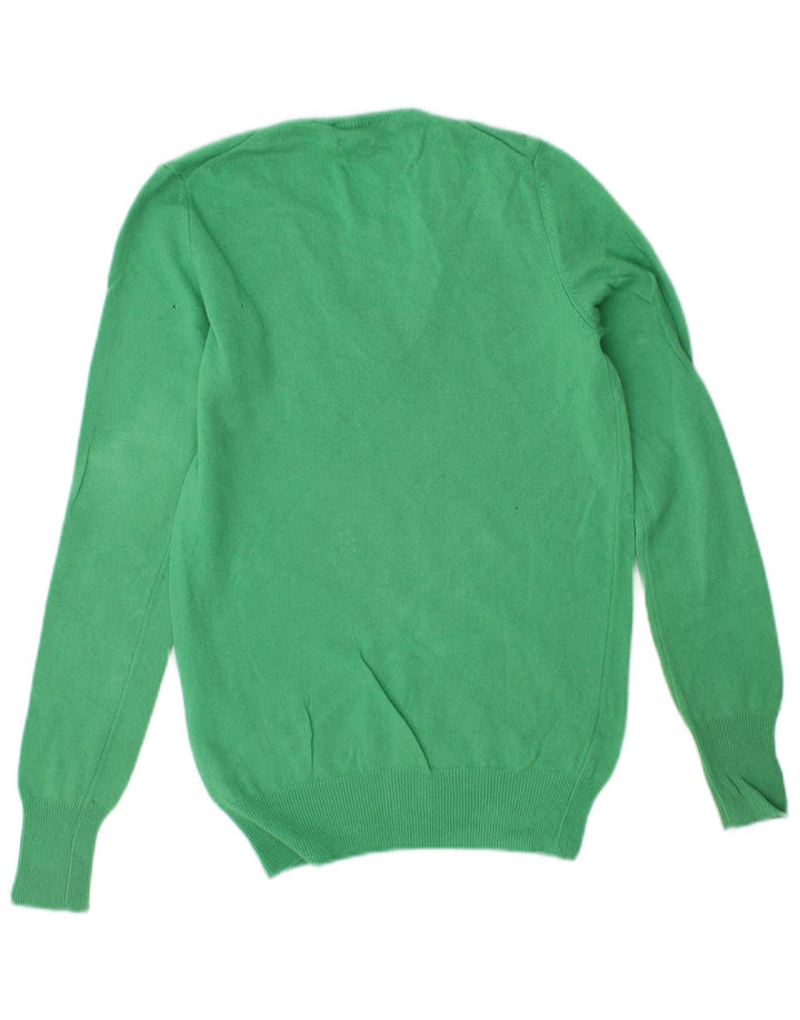 BENETTON Damen-Pullover mit V-Ausschnitt, Gr. 6, XS, grüne Schurwolle