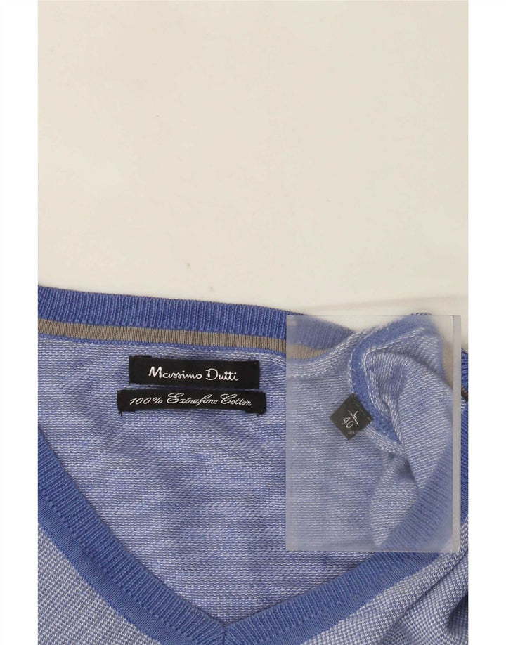 Massimo Dutti Herren-Pullover mit V-Ausschnitt, groß, aus blauer Baumwolle