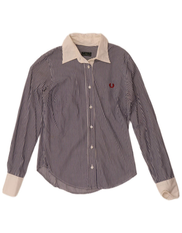 Fred Perry Damenhemd UK 10 Small Marineblaue Nadelstreifen-Baumwolle
