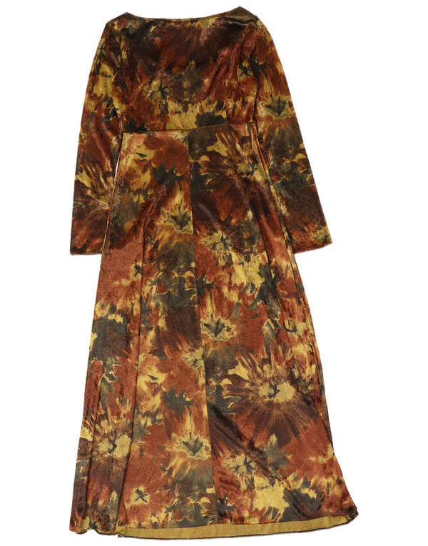 Vintage Damen Langarm Velour Maxikleid UK 12 Mittelbraun Batik