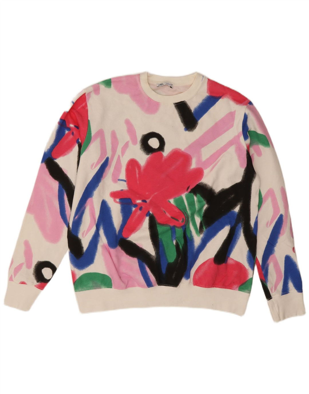Zara Damen-Sweatshirt mit Grafik-Übergröße, Gr. 14, mittelweiß, geblümt