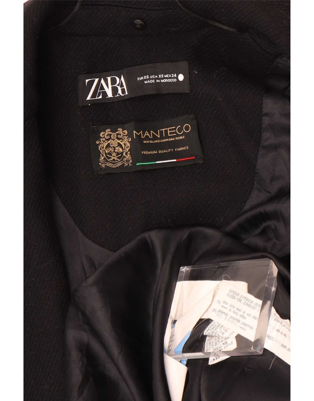 Zara Damen Manteco Mantel UK 6 XS Schwarze Wolle