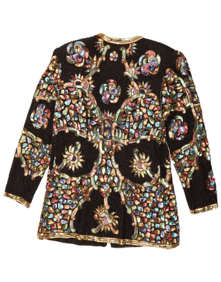 Vintage Damen Pailletten Blazer Jacke UK 12 Medium Schwarz Floral