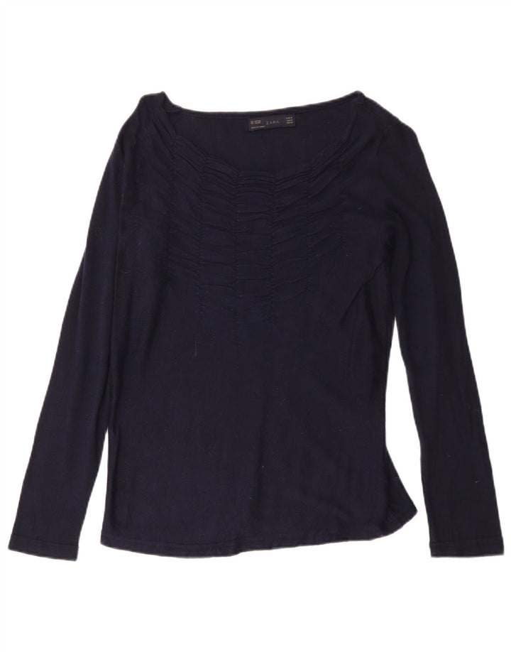 Zara Damen Top Langarm UK 12 Medium Marineblau Baumwolle
