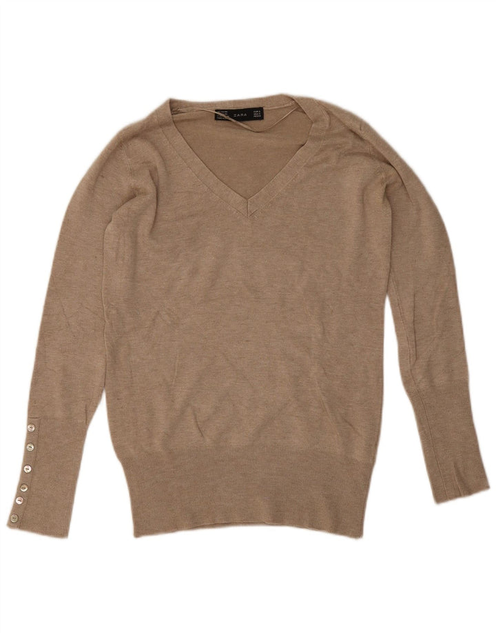 Zara Damen-Pullover mit V-Ausschnitt, Gr. 10, Größe S, Beige, Viskose