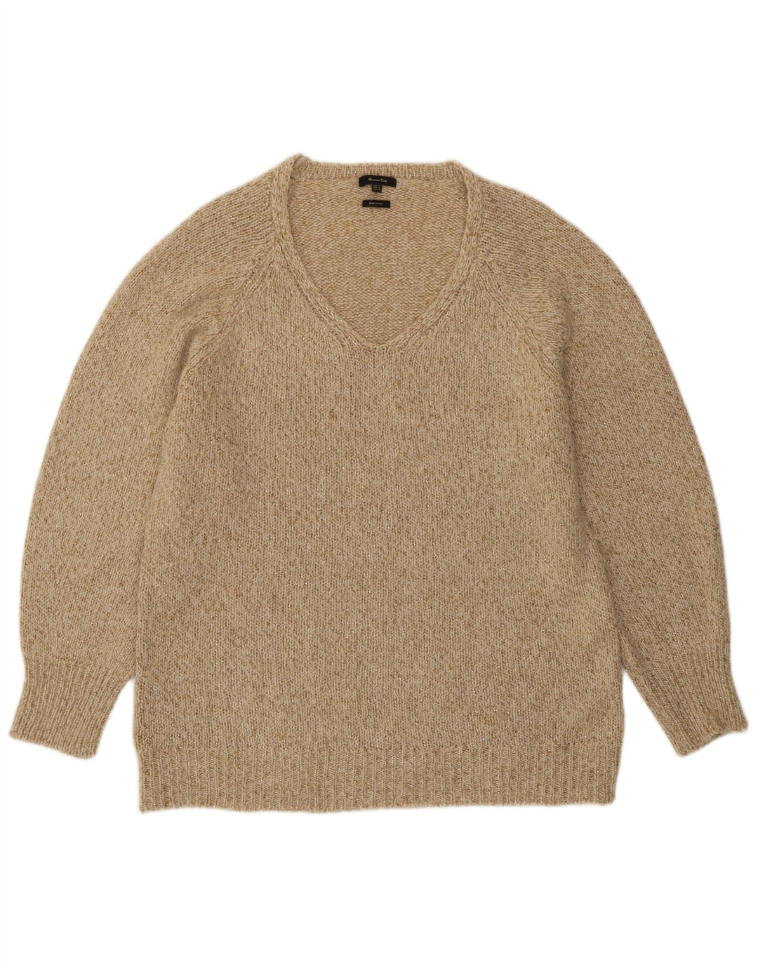 Massimo Dutti Damen-Pullover mit V-Ausschnitt, UK 14, mittelbeige gefleckte Wolle