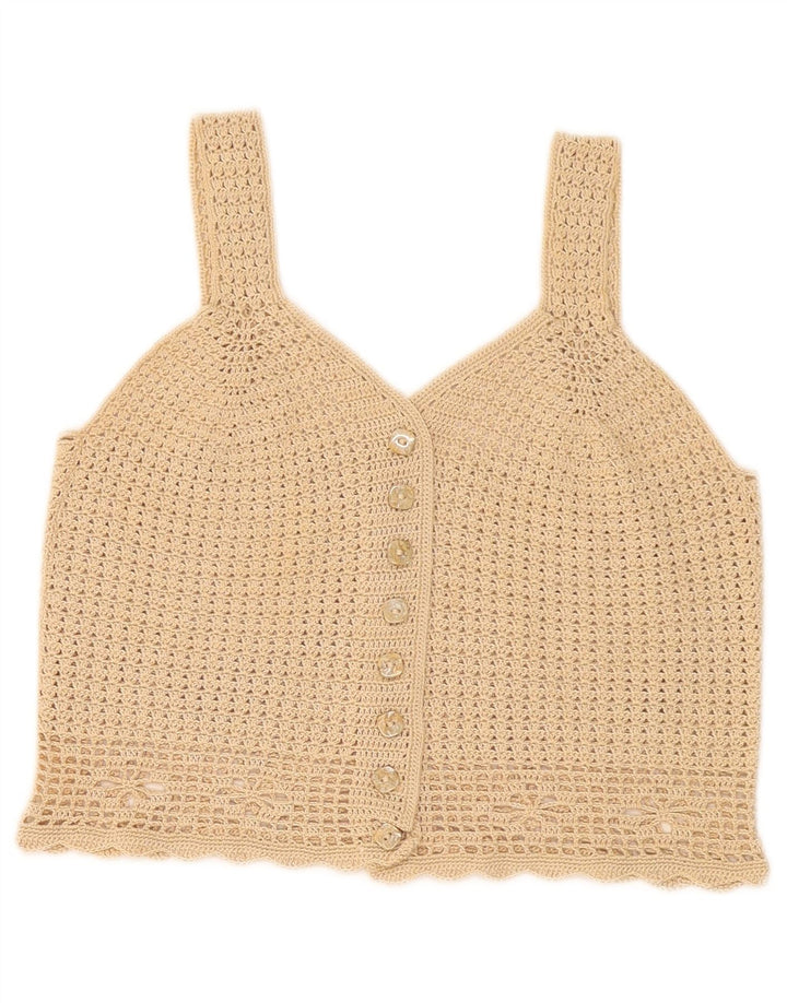 Vintage Damen Crop Bluse Top UK 8 Small Beige