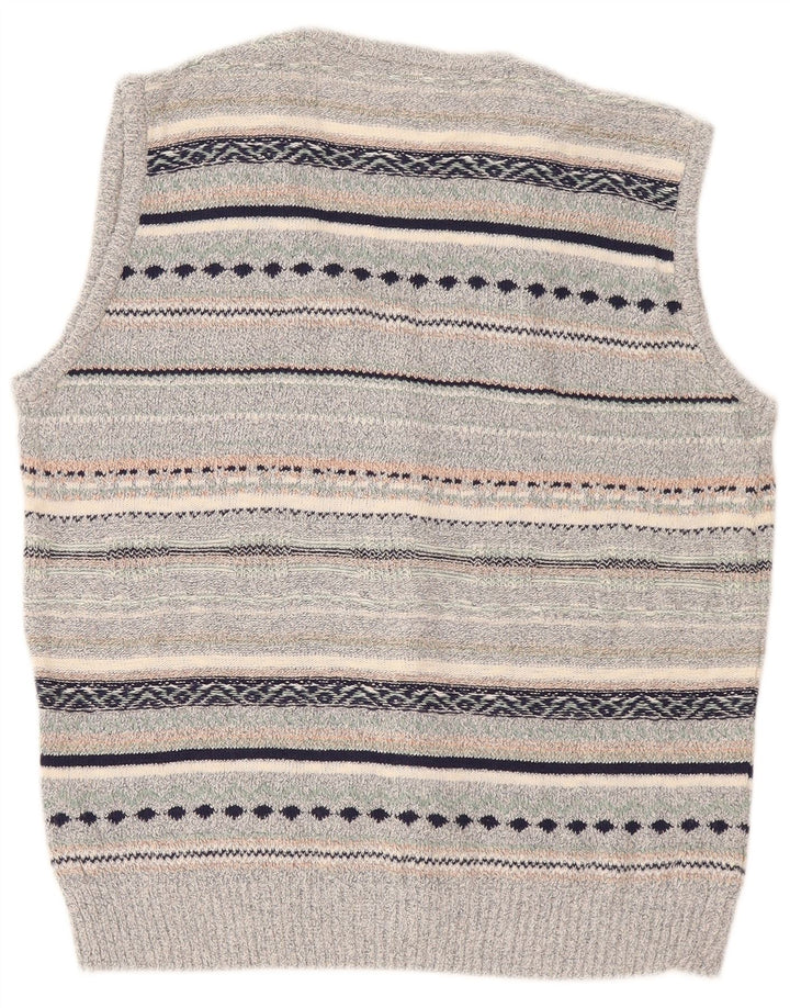 Vintage Herren Ärmelloser Cardigan Pullover Mittelgrau gestreiftes Leinen