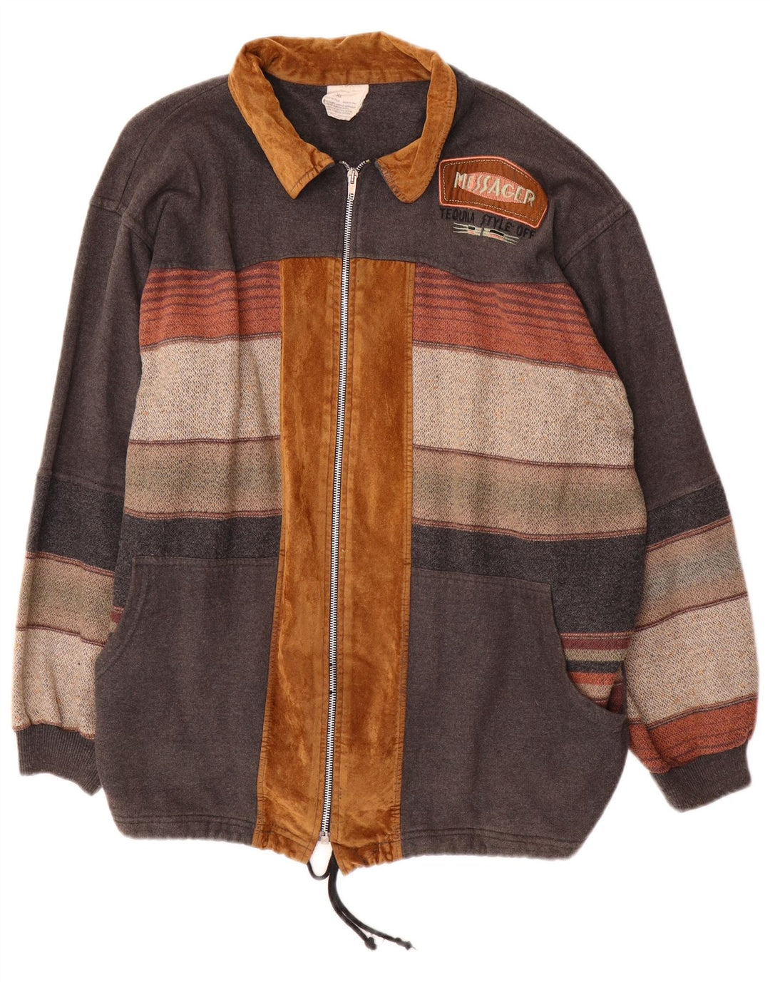 Vintage Herren Bomberjacke mit Grafik, UK 42 XL, Grau, Farbblock-Acryl