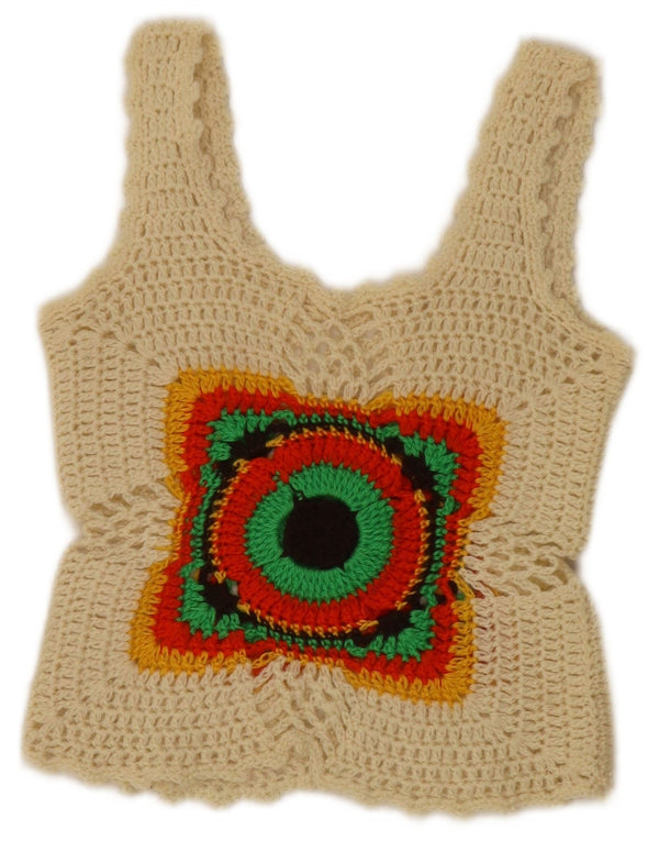 Vintage Damen Gehäkeltes ärmelloses Crop Top UK 4 XS Off White Geometrisch