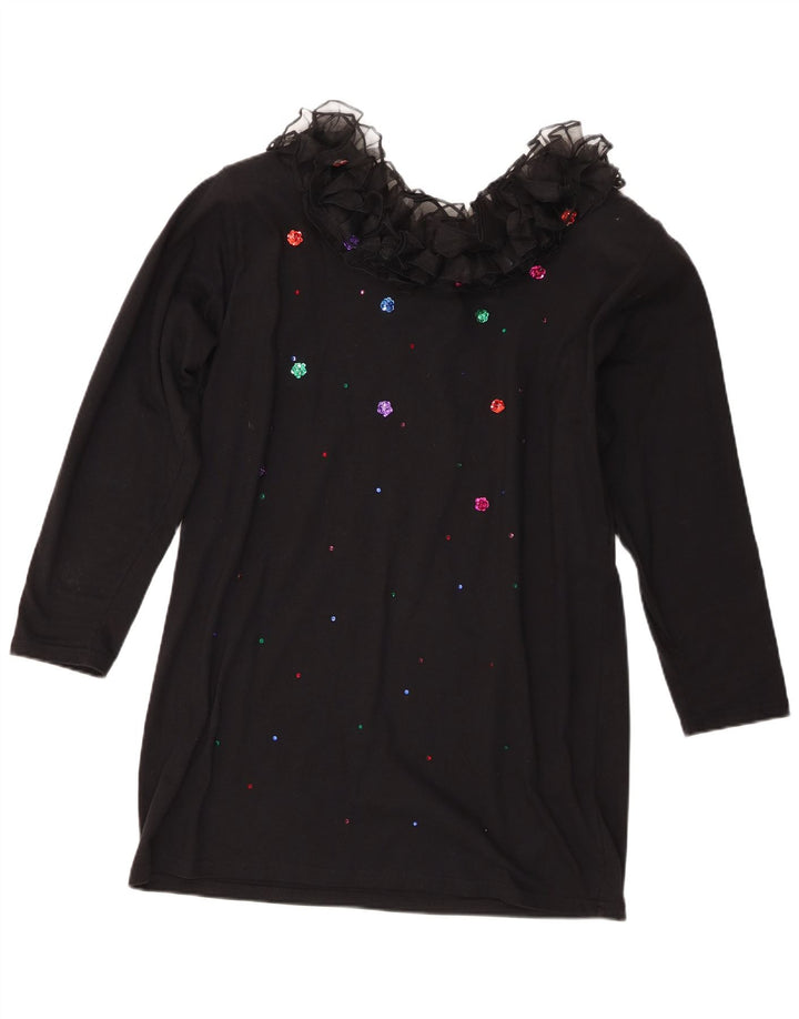 Vintage Damen Langarm-Tunika-Top mit Rüschen vorne, UK 16, große schwarze Baumwolle