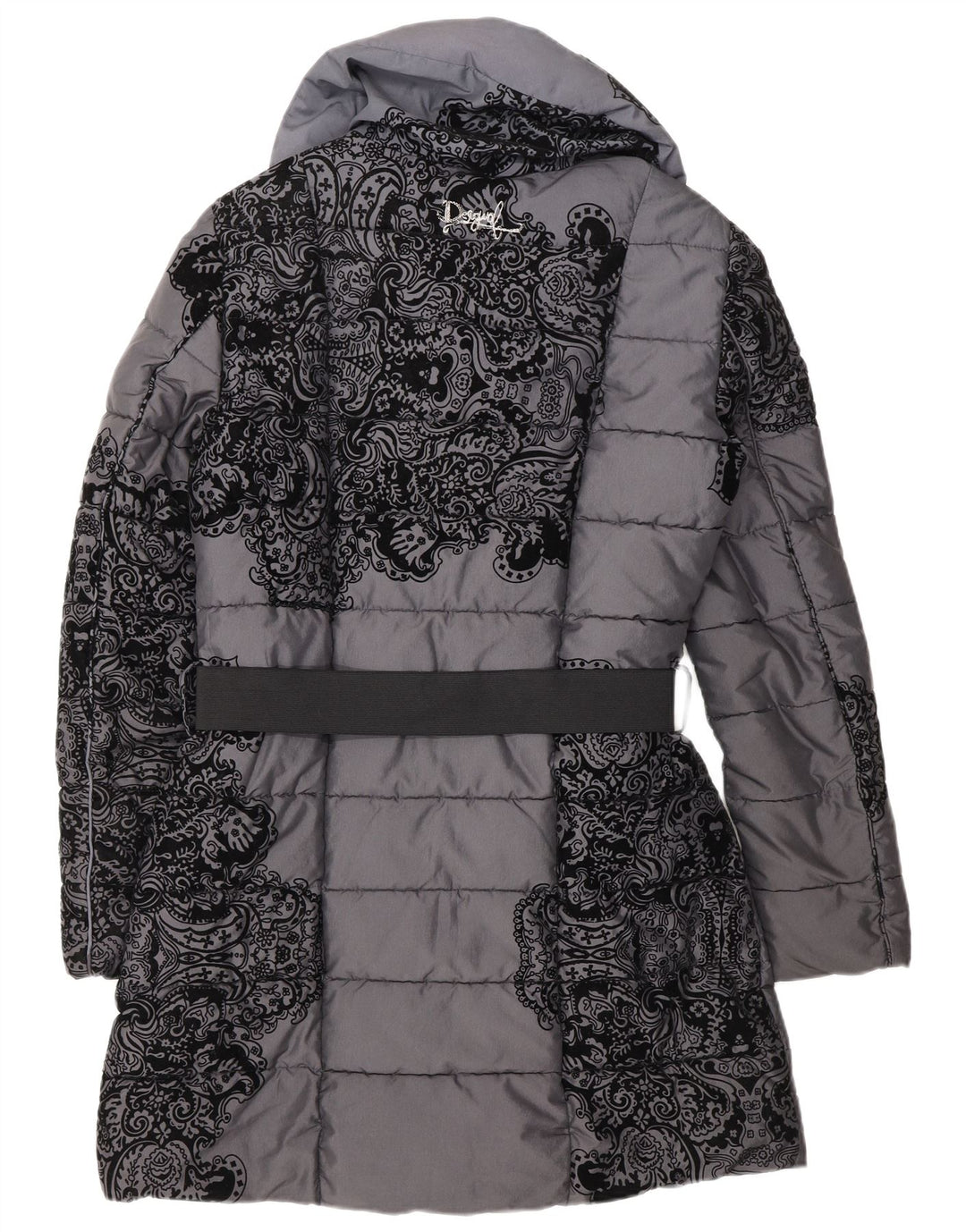 Desigual Damen Zweireihiger wattierter Mantel EU 38 Mittelgrau geblümt