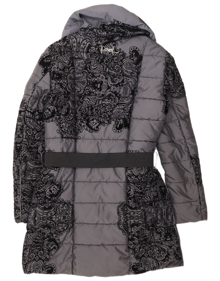 Desigual Damen Zweireihiger wattierter Mantel EU 38 Mittelgrau geblümt