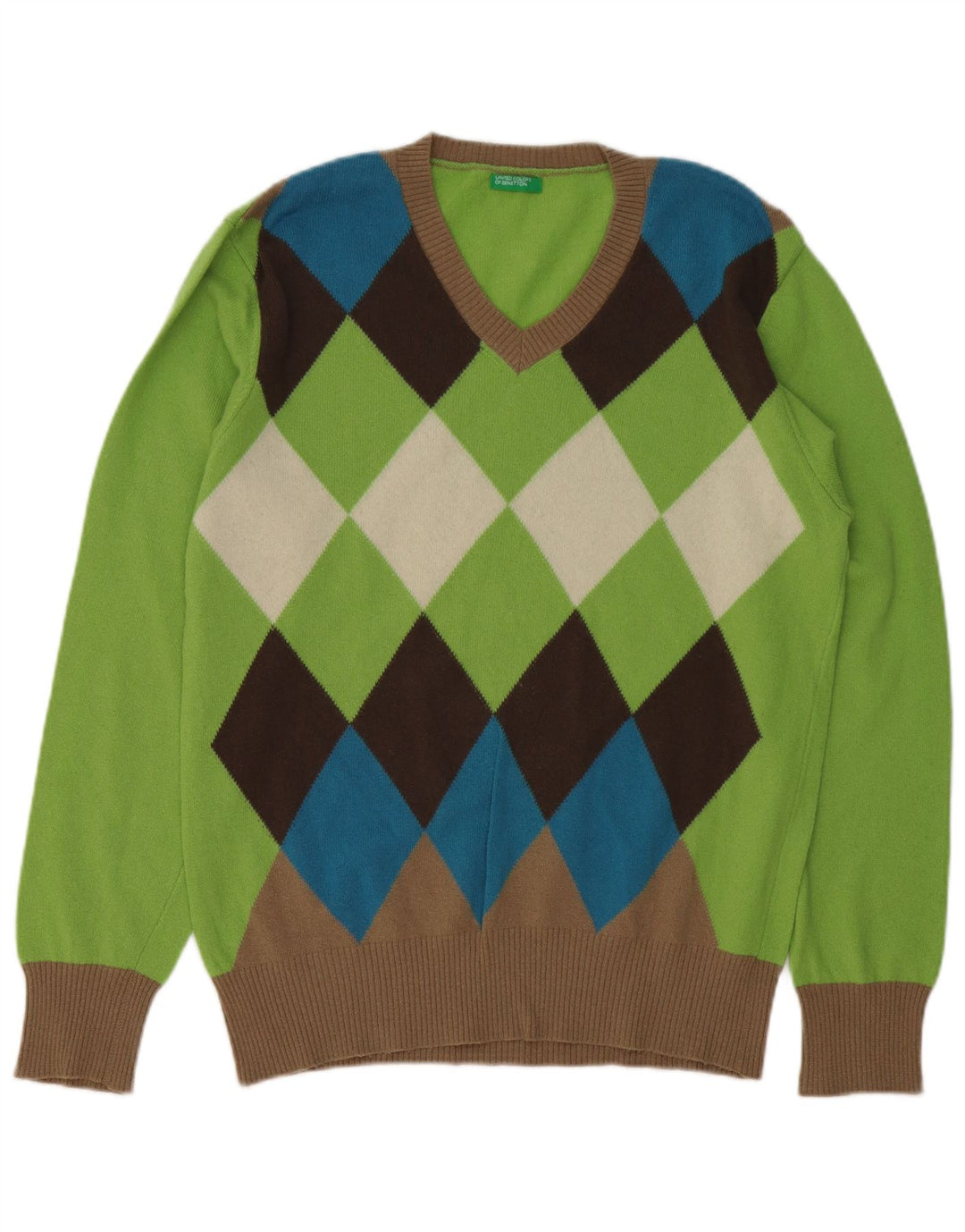 BENETTON Herren-Pullover mit V-Ausschnitt, groß, grüne Argyle-/Diamantwolle