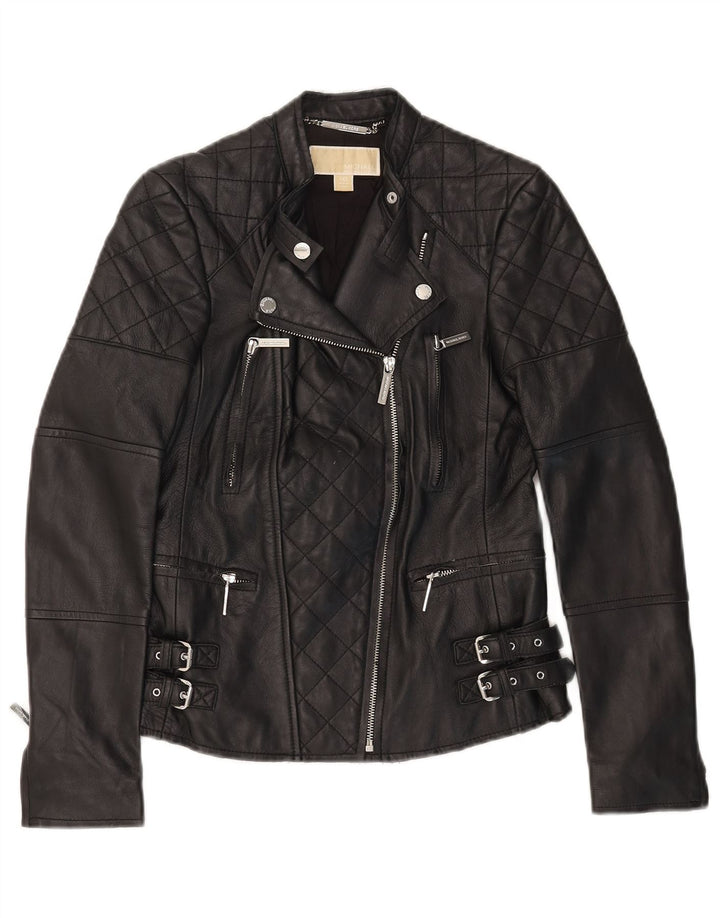 Michael Kors Damen Crop Leder Bikerjacke UK 2 2XS Schwarzes Leder