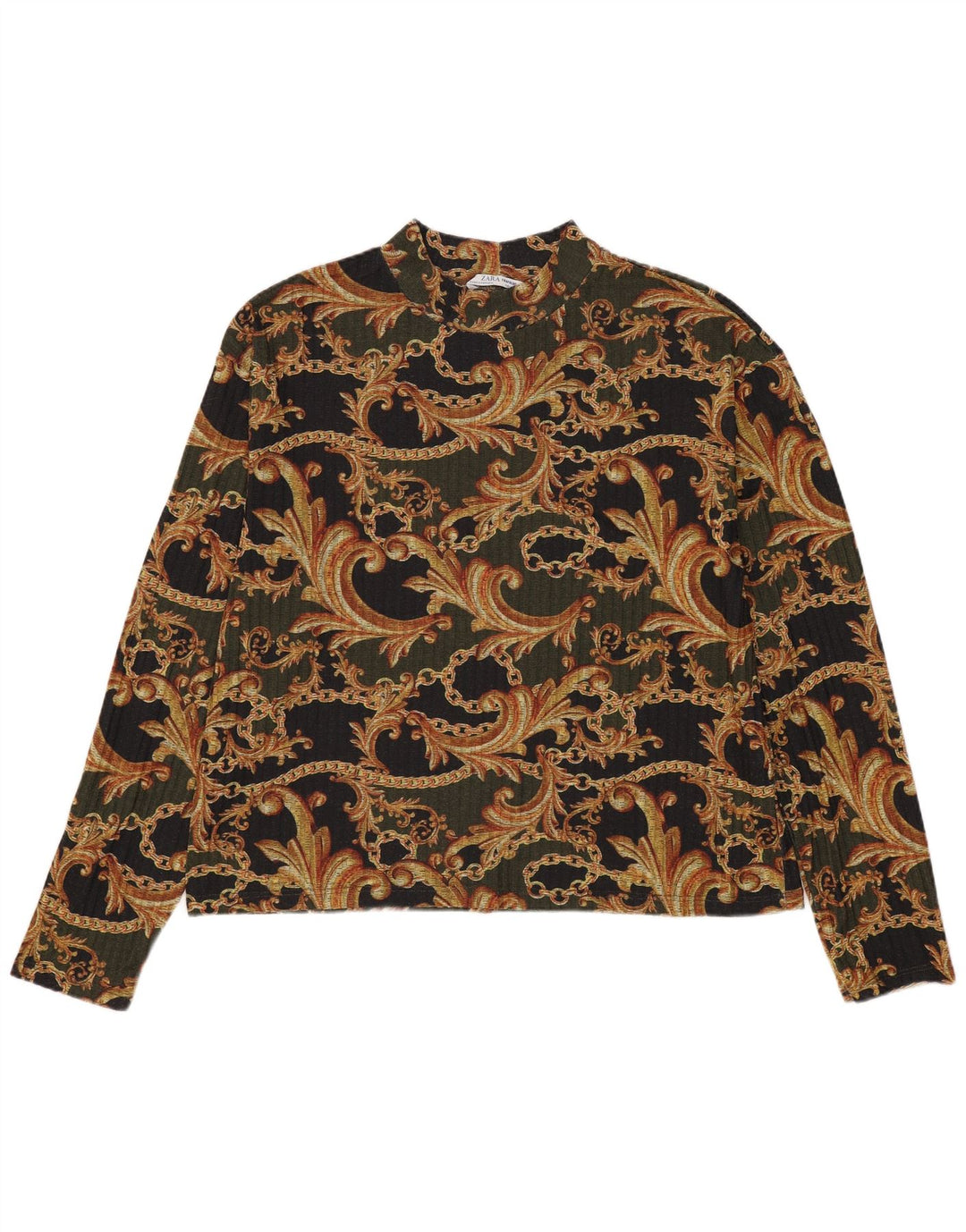 Zara Damen Langarm-Blusenoberteil UK 14 Medium Khaki Paisley Polyester