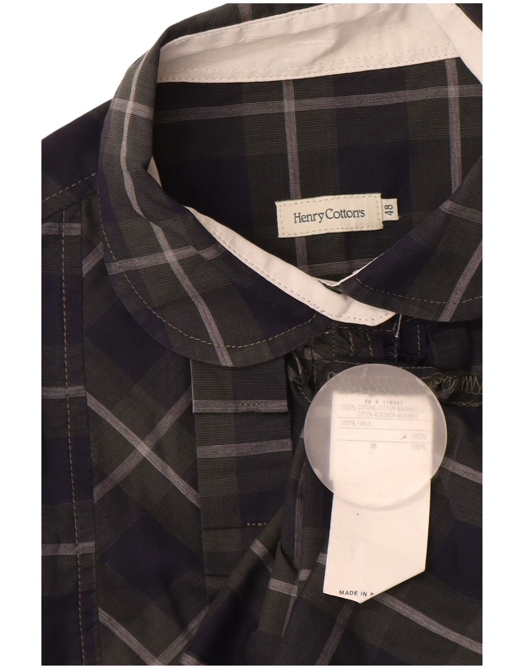 Henry Cottons Damen-Hemd mit Rüschen vorne IT 48 XL Marineblau karierte Baumwolle