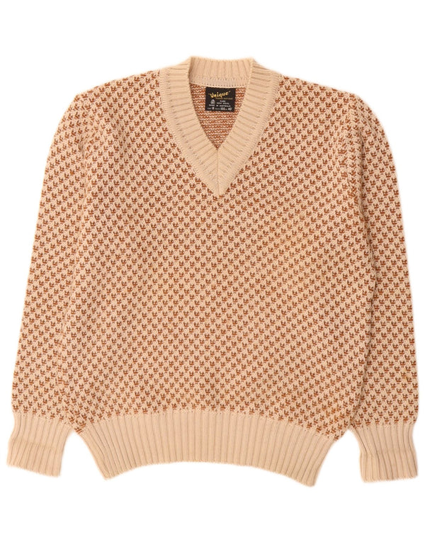 Vintage Herren V-Ausschnitt Pullover Pullover UK 40 Medium Beige Geometrisch Schurwolle