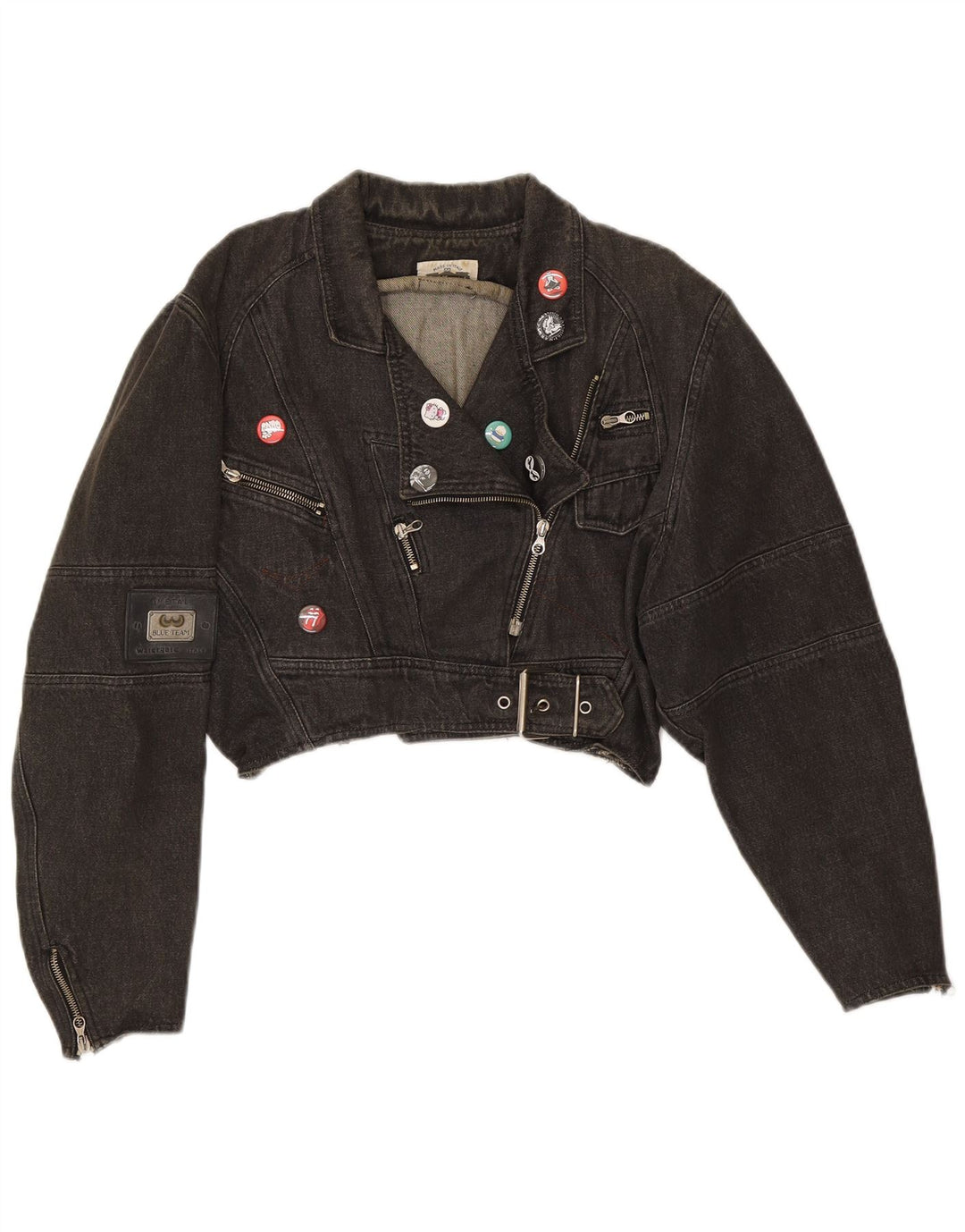 Vintage Damen Übergroße Crop Denim Bikerjacke UK 14 Mittelschwarze Baumwolle