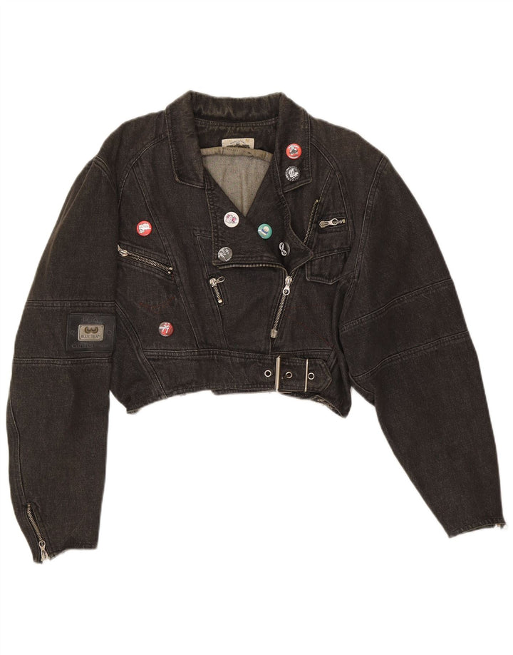 Vintage Damen Übergroße Crop Denim Bikerjacke UK 14 Mittelschwarze Baumwolle