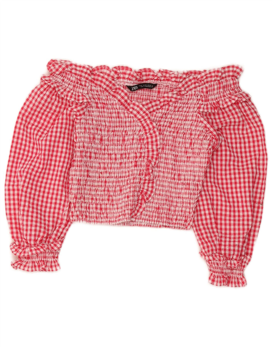 Zara Damen Crop 3/4 Ärmel Off Shoulder Top UK 4 XS Rot Gingham Polyester