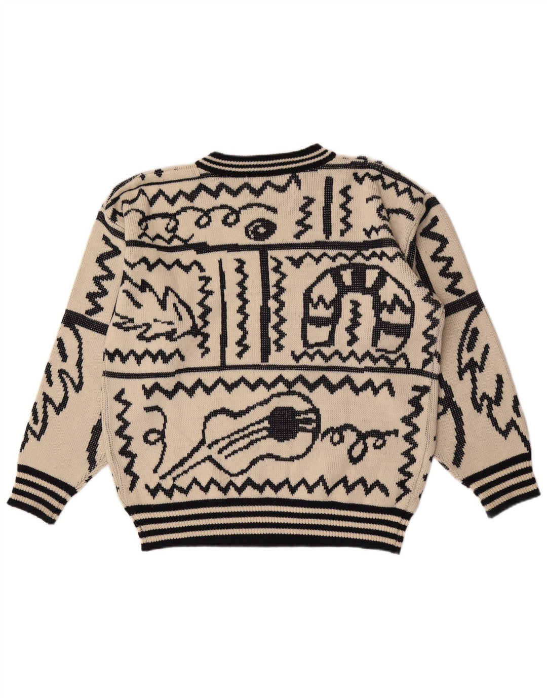 Vintage Herren Pullover mit abstraktem Muster und Rundhalsausschnitt, Größe L, Beige
