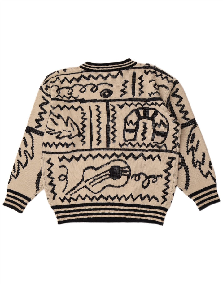 Vintage Herren Pullover mit abstraktem Muster und Rundhalsausschnitt, Größe L, Beige