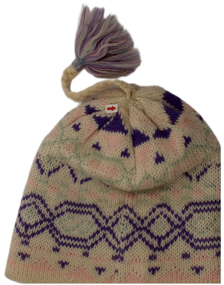 Vintage Damen Beanie Mütze One Size Off White Fair Isle Wolle