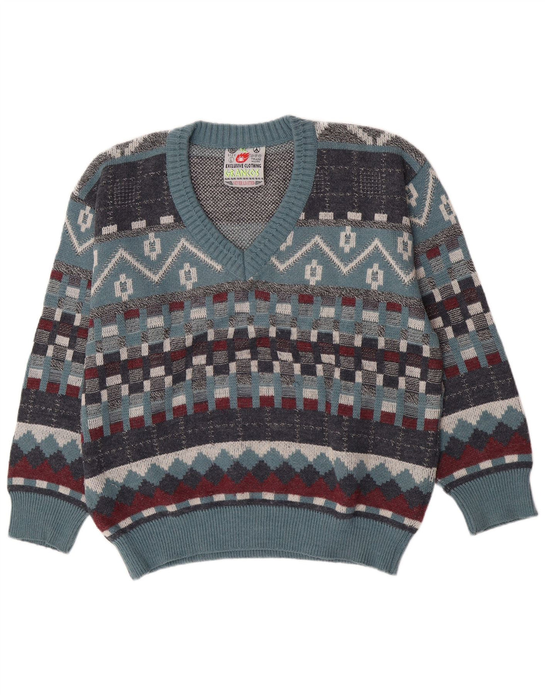 Vintage Herren V-Ausschnitt Pullover Pullover Große blaue geometrische Wolle