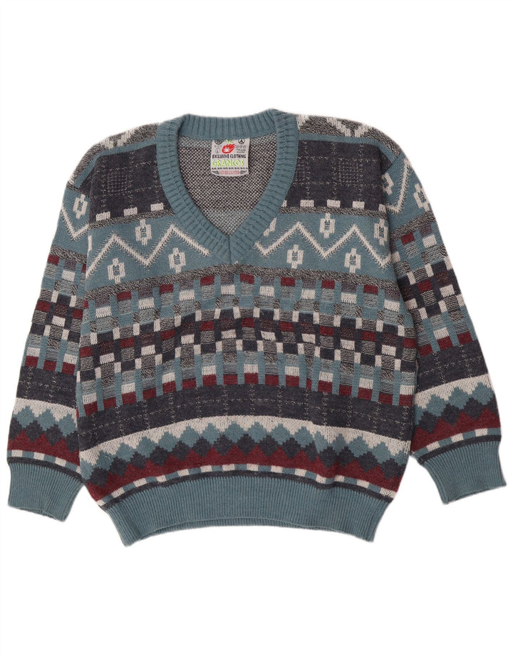 Vintage Herren V-Ausschnitt Pullover Pullover Große blaue geometrische Wolle