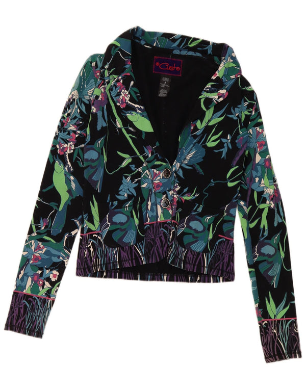 Custo Barcelona Damen-Blazerjacke mit 2 Knöpfen, Größe 3 XS, schwarze Baumwolle mit Blumenmuster