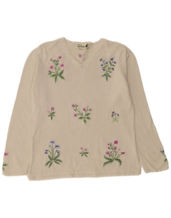 Tulchan Damen-Pullover mit V-Ausschnitt, UK 14, mittelbeige, geblümte Baumwolle