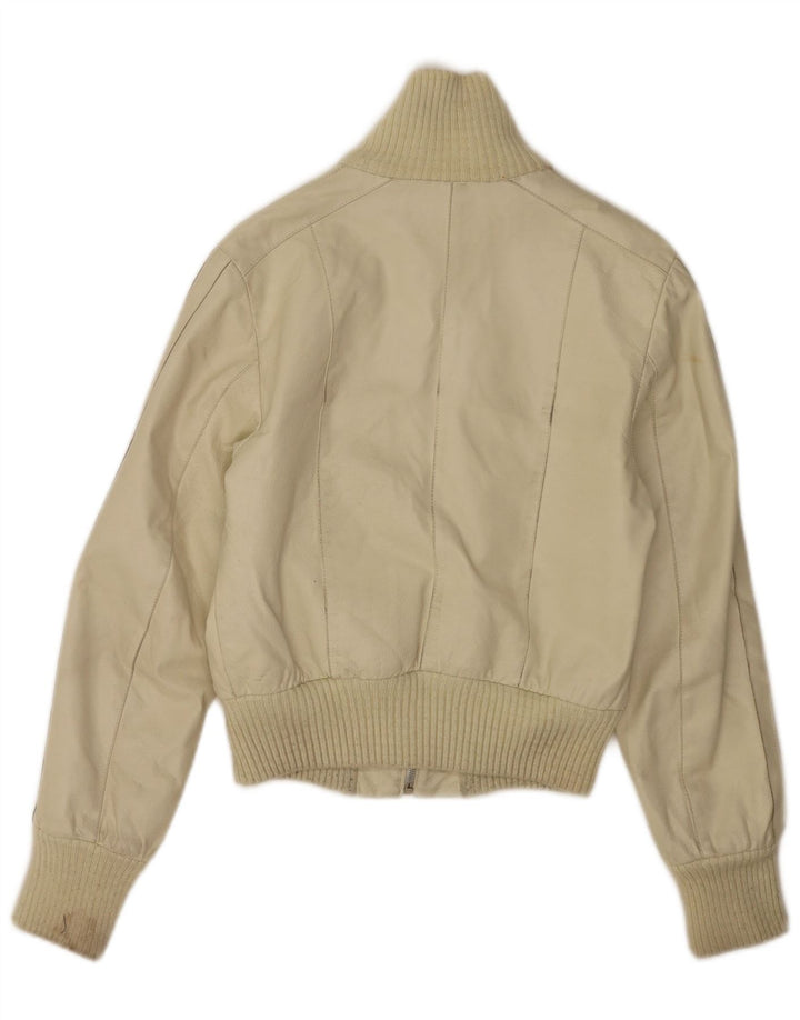 Vintage Damen Crop Lederjacke IT 40 Small Off White Leder