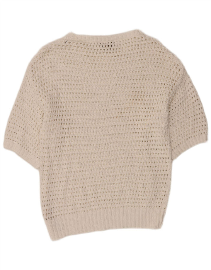 MASSIMO DUTTI Damen Häkelpullover mit U-Boot-Ausschnitt, UK 12, Mittelweiß