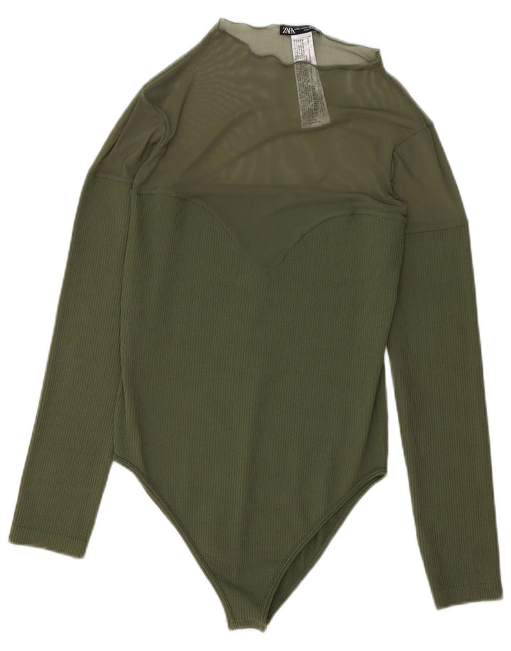 ZARA Damen Langarm-Body UK 14 Mittelgrünes Polyester