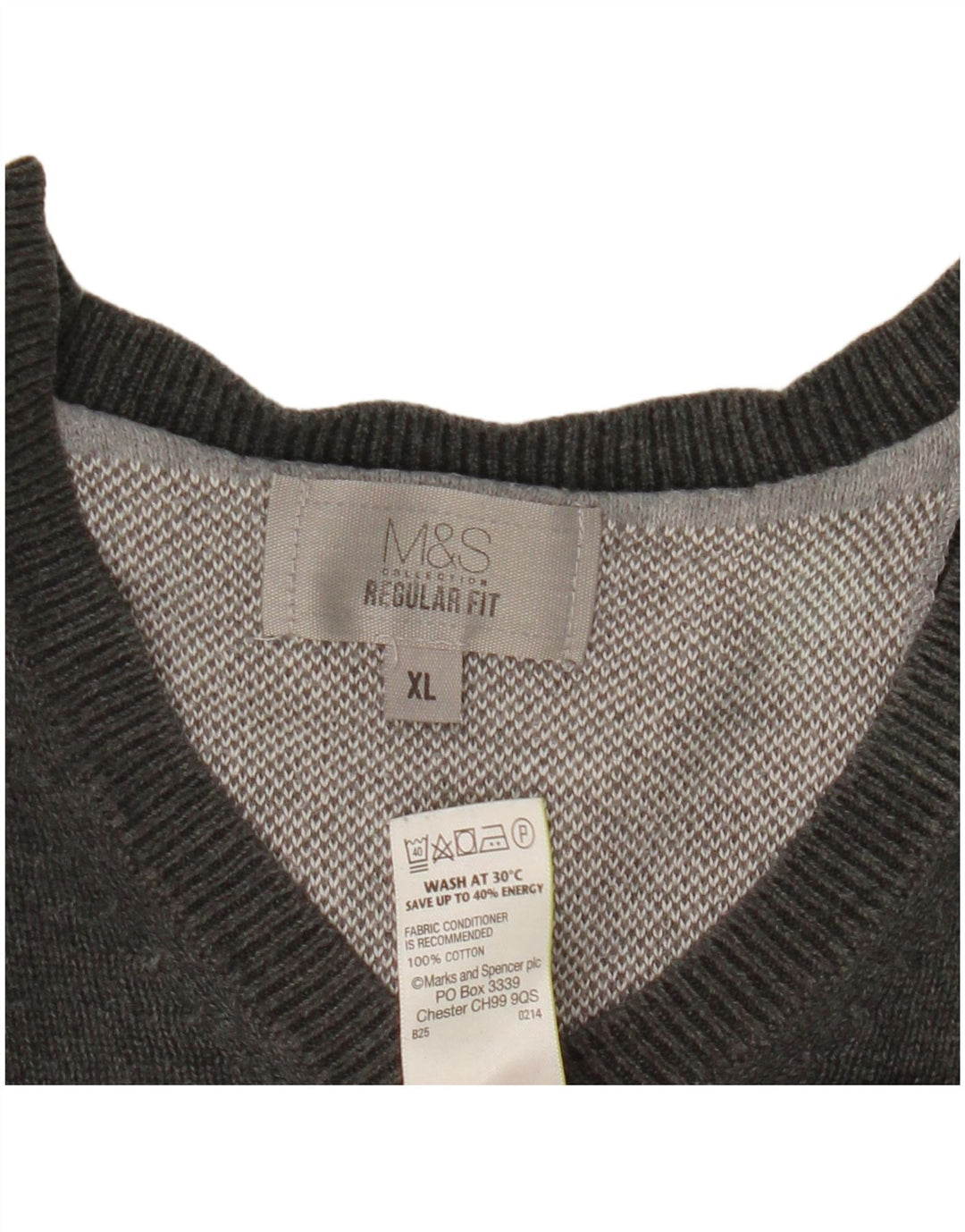 Marks & Spencer Herren-Pullover, reguläre Passform, V-Ausschnitt, XL, graue Baumwolle