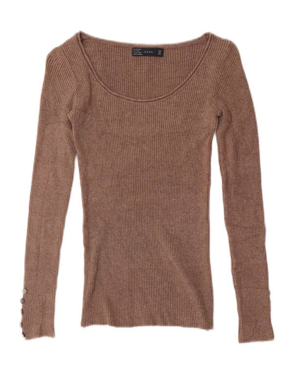 Zara Damen Top Langarm UK 4 XS Braune Baumwolle